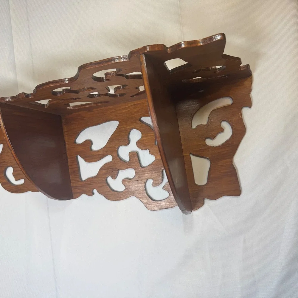Vintage Victorian Wood Wall Corner Shelf Large Carved Fretwork Scrolling Design‎